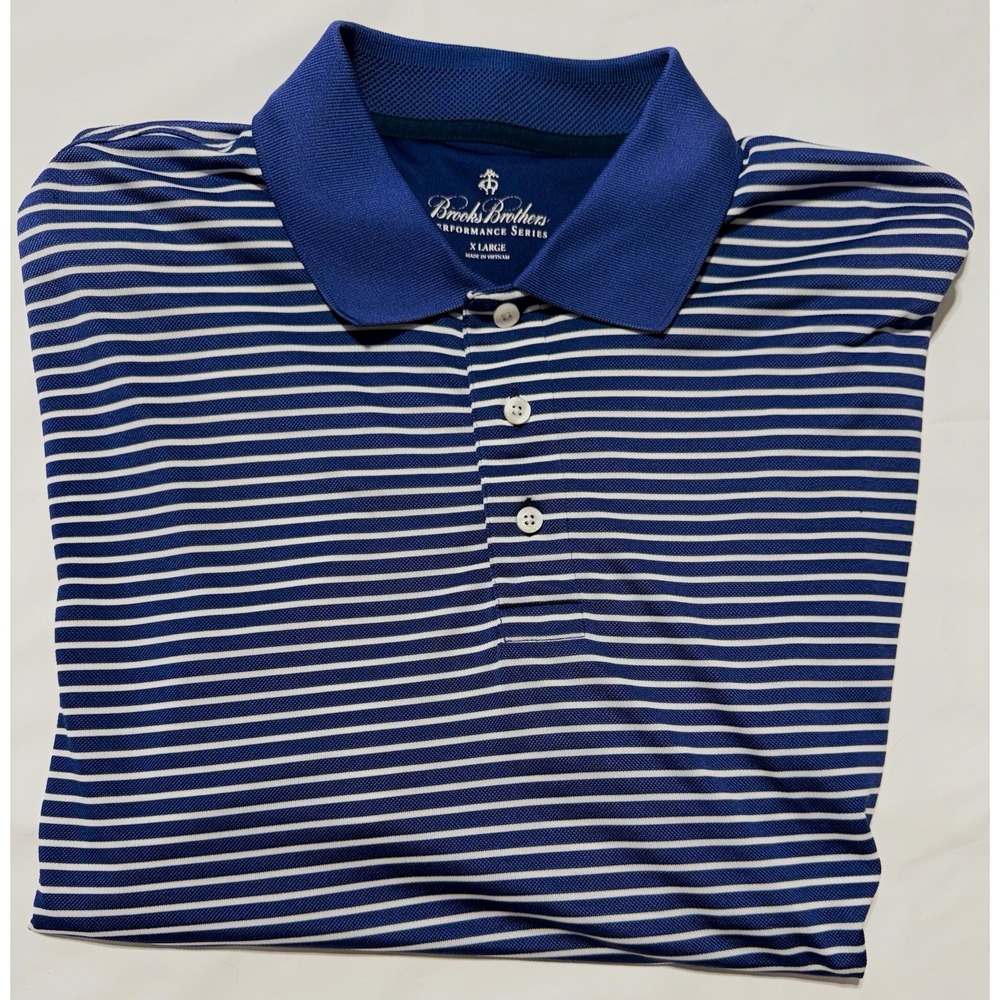 Brooks Brothers Performance Series Polo Shirt Men XL Blue White Striped Logo